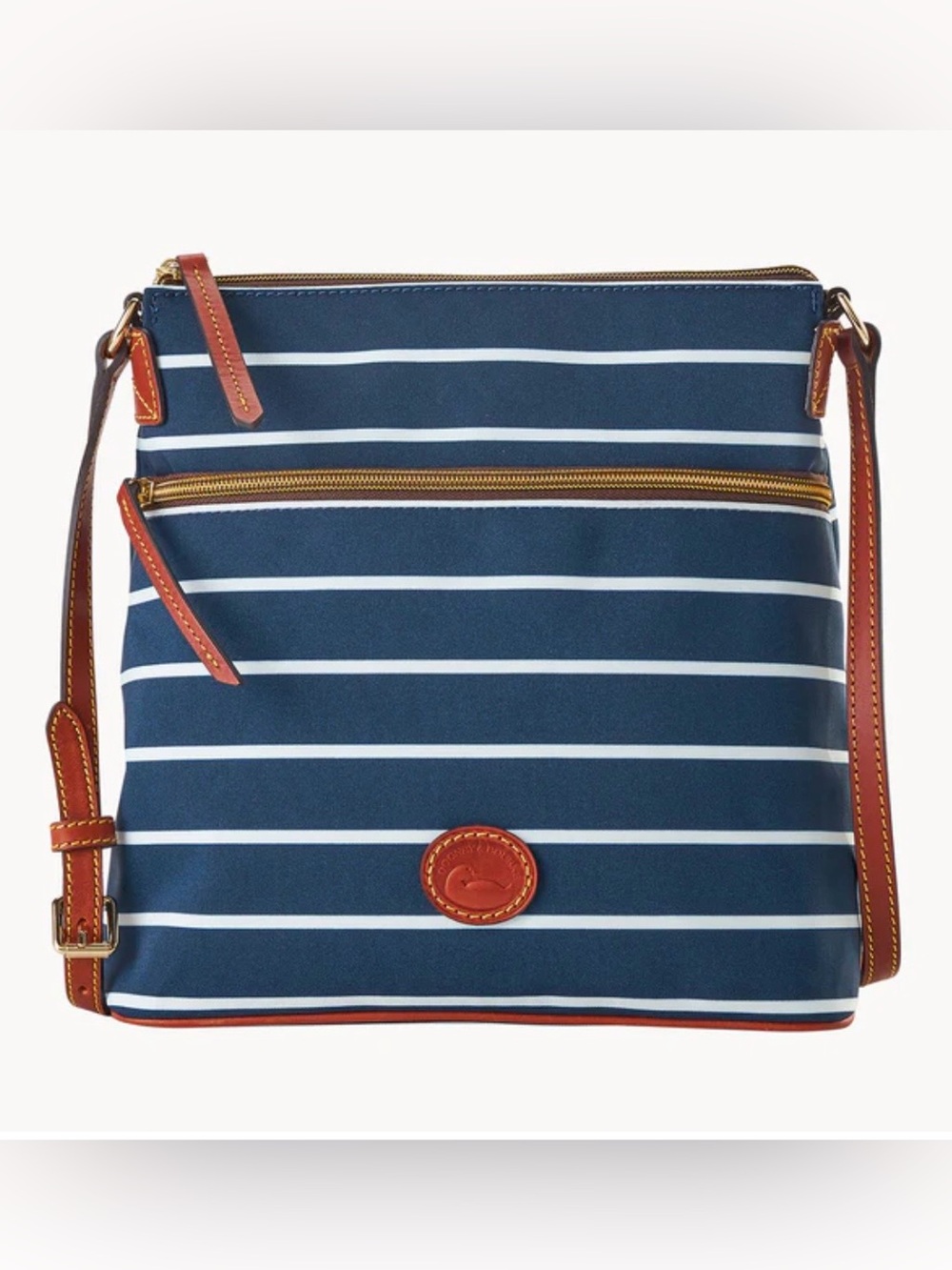 Dooney & Bourke Selma Navy and White Striped Fabric Crossbody with Tan Trim